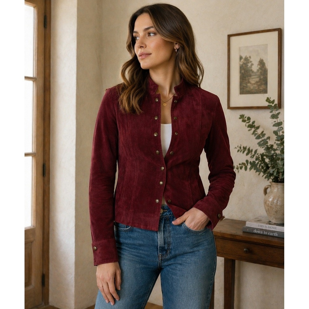 Live a Little Burgundy Suede Jacket Y2K Brass Snap Front Petite Medium Lined